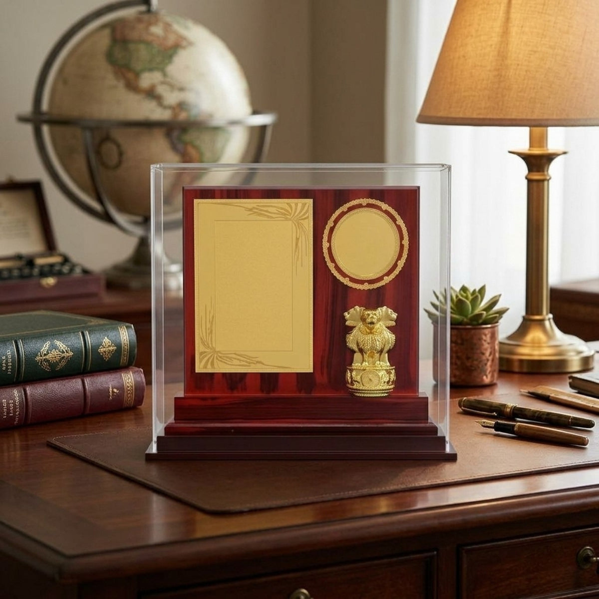 Premium Wooden Recognition Memento with Golden Ashoka Pillar Emblem, Custom Engraving Plates, and Acrylic Display Case GC-M-57-A