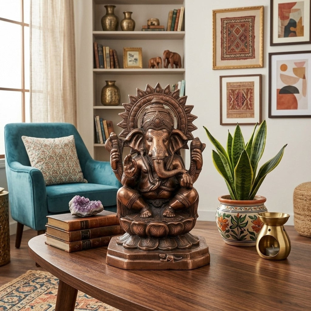 Antique Gunmetal Copper Finished Lord Ganesha Gunmetal Idol with Sunburst Halo G-281-A