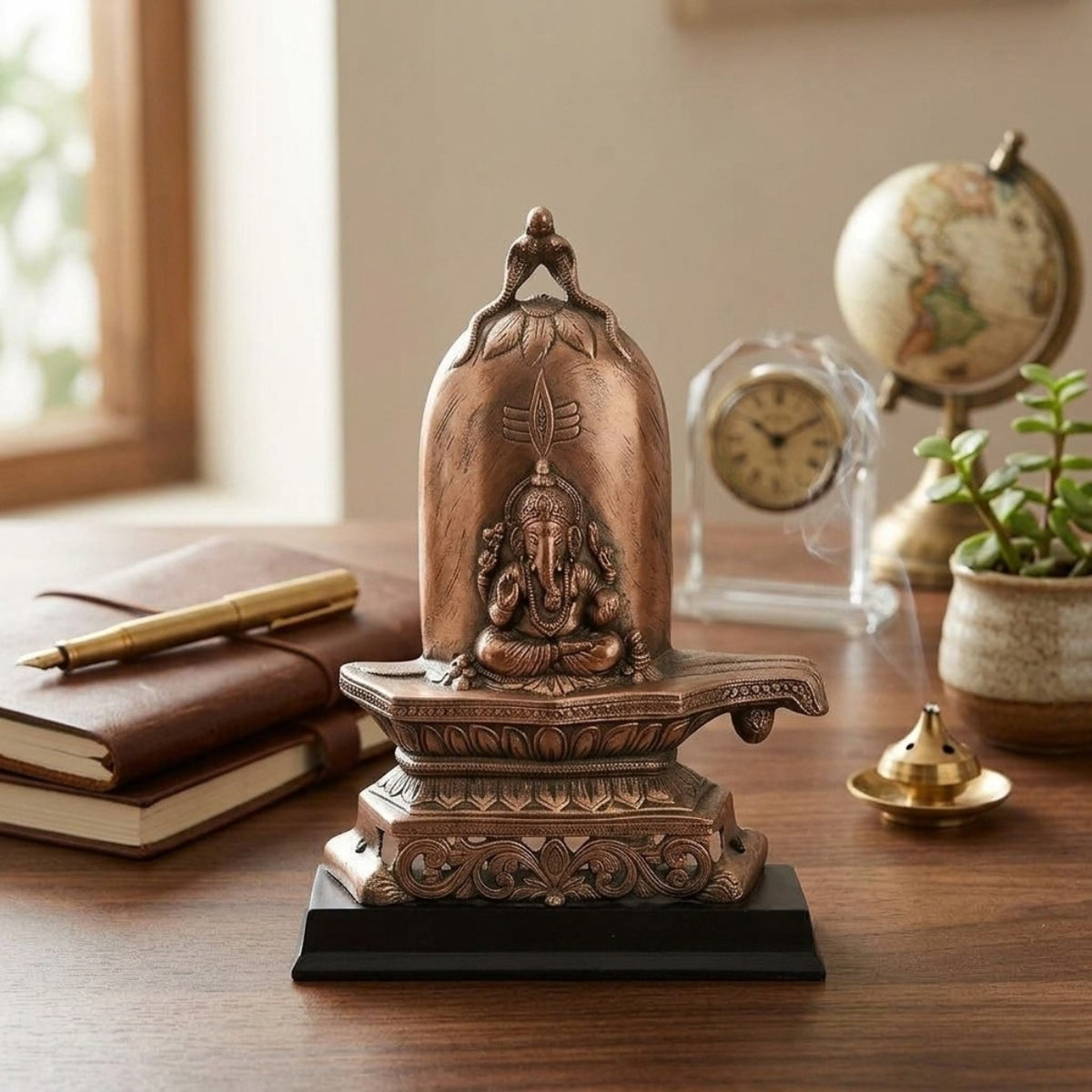 Handcrafted Gunmetal Copper Finish Shiva Lingam with Ganesha Idol G-5-A