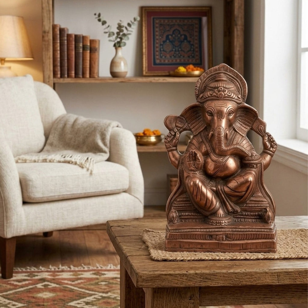 Handcrafted Antique Copper Finish Sitting Lord Ganesha Metal Idol G-69-C