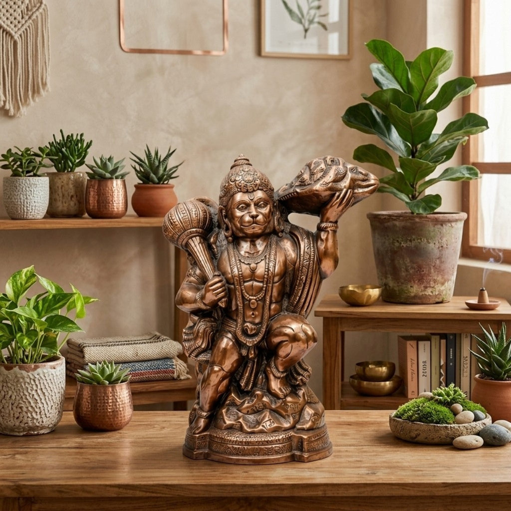 Divine Bajrangbali Statue in Gunmetal Copper Tone – Flying Hanuman with Sanjeevani Mountain G-154-A