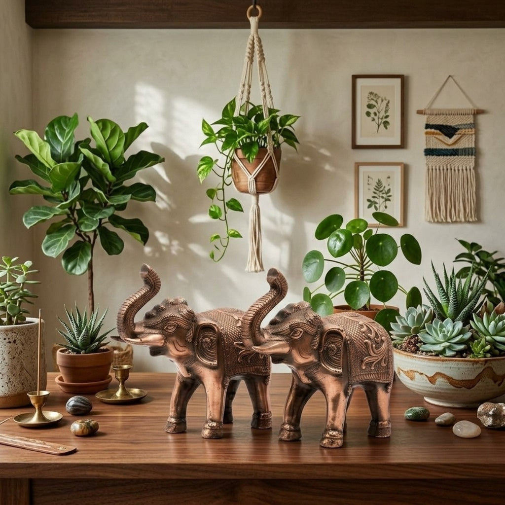 Premium Antique Copper Finish Elephant Figurine Pair for Vastu & Home Decor (Set of 2) G-81-B