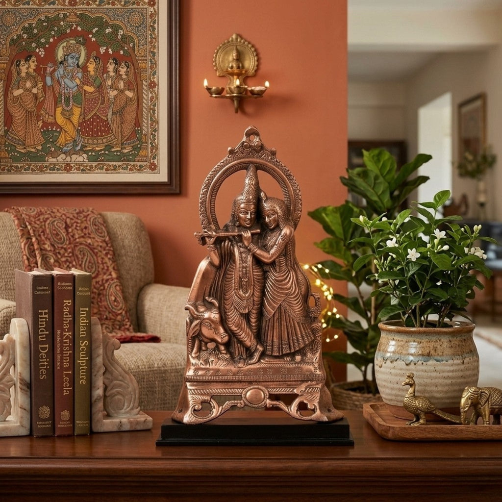 Traditional Copper Finish Gunmetal Radha Krishna with Cow Idol G-75-A