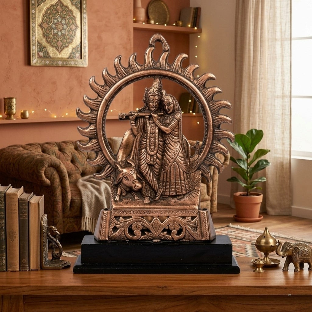 Traditional Copper Finish Gunmetal Radha Krishna Flamed Aura Idol G-49-C