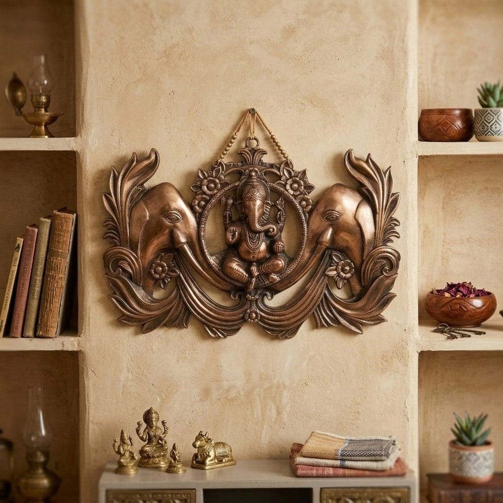 Handcrafted Lord Ganesha with Twin Welcoming Elephants Metal Wall Hanging Plaque (Antique Gunmetal Copper Finish) G-253-A