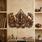 Handcrafted Lord Ganesha with Twin Welcoming Elephants Metal Wall Hanging Plaque (Antique Gunmetal Copper Finish) G-253-A