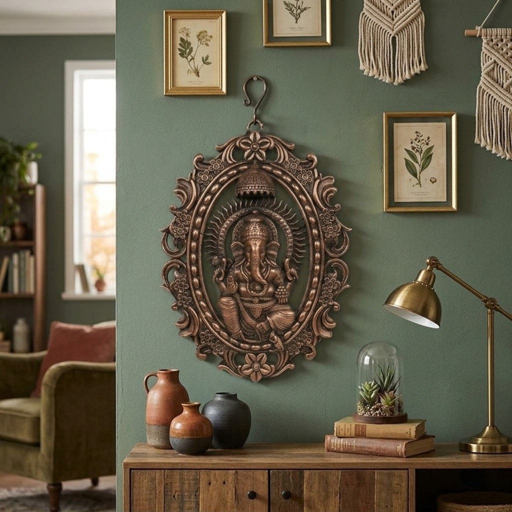 Handcrafted Lord Ganesha in Oval Carved Floral Frame Metal Wall Hanging Plaque (Antique Gunmetal Copper Finish) G-272-A
