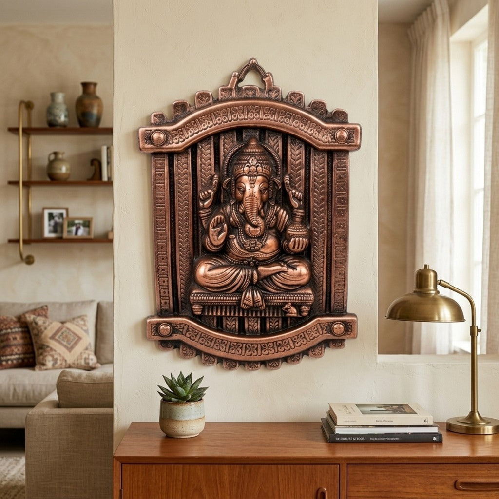 Handcrafted Lord Ganesha in Rectangular Jharokha Window Frame Metal Wall Hanging Plaque (Antique Gunmetal Copper Finish) G-277-A