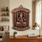 Handcrafted Lord Ganesha in Rectangular Jharokha Window Frame Metal Wall Hanging Plaque (Antique Gunmetal Copper Finish) G-277-A