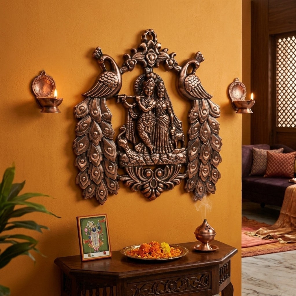 Antique Gunmetal Copper Finish Radha Krishna with Twin Peacocks Metal Wall Art Hanging G-257-A