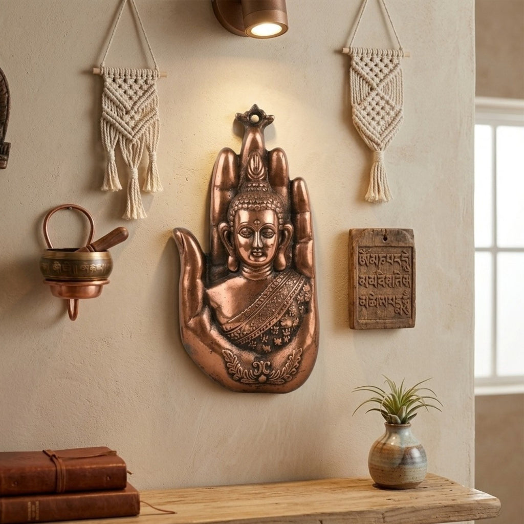 Antique Gunmetal Copper Finish Lord Gautam Buddha Palm Metal Wall Hanging Showpiece G-4-A