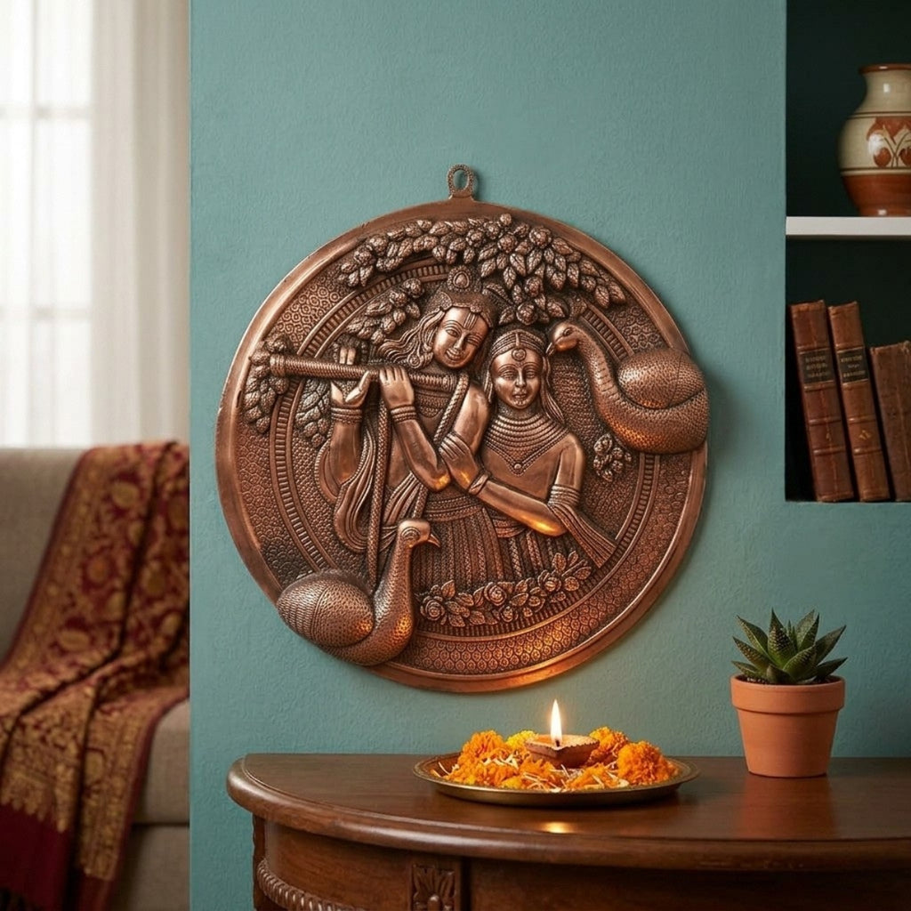 Antique Gunmetal Copper Finish Circular Radha Krishna with Peacocks Metal Wall Art Panel G-258-A