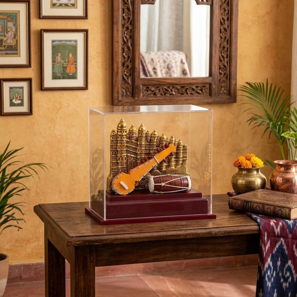 Handcrafted Indian Classical Music & Heritage Souvenir Display Case | Featuring Gwalior Fort & Miniature Folk Instruments (Ektara/Dotara & Dholak) GC-W-169-C