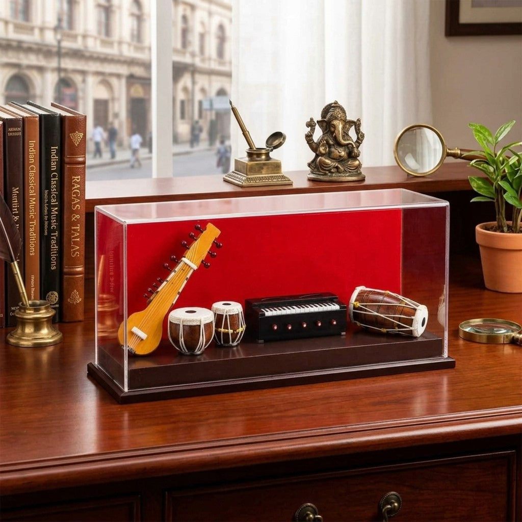 Premium Handcrafted Indian Classical Musical Instruments Miniature Set with Acrylic Display Case GC-WD-100-A