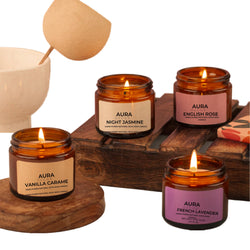 AuraDecor Set of 4 Amber Jars (English Rose, Vanilla Caramel, Night Jasmine, French Lavender)