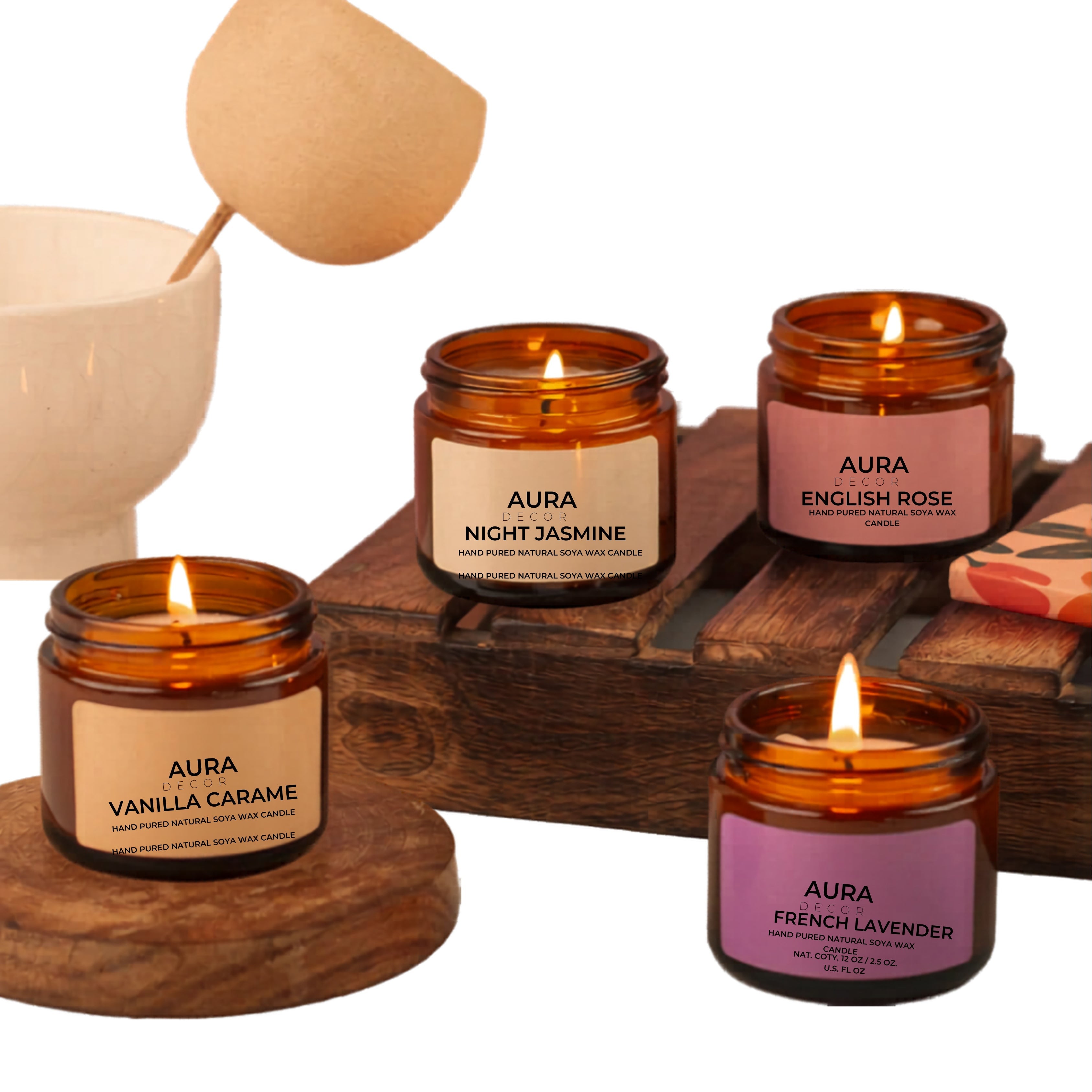AuraDecor Set of 4 Amber Jars (English Rose, Vanilla Caramel, Night Jasmine, French Lavender)