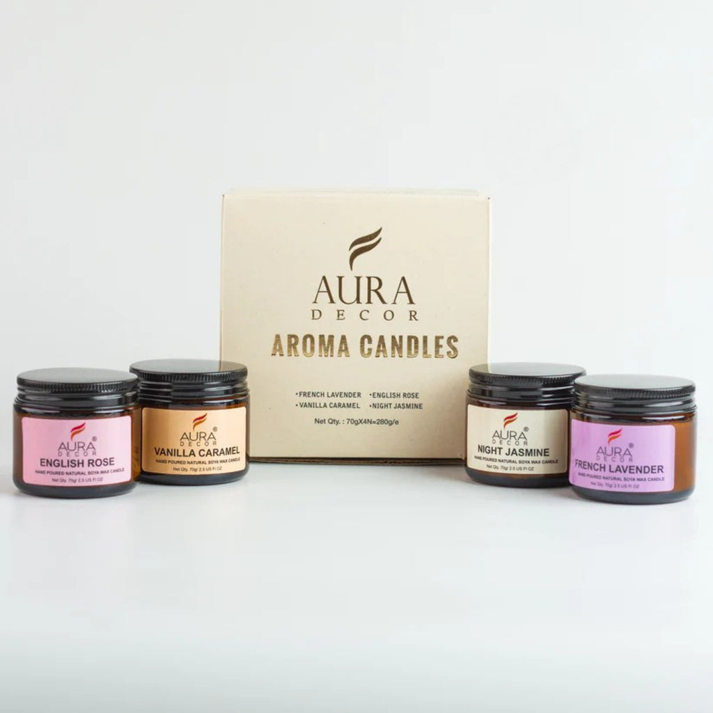 AuraDecor Set of 4 Amber Jars (English Rose, Vanilla Caramel, Night Jasmine, French Lavender)