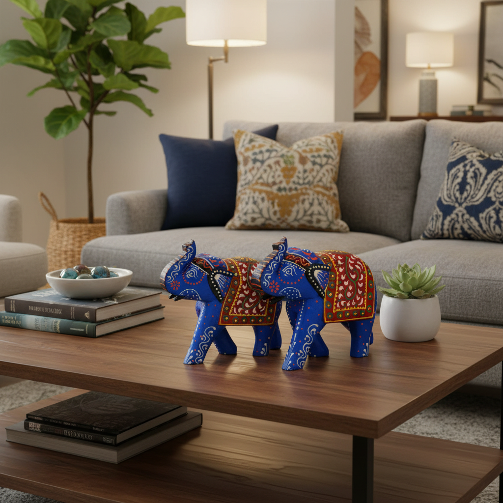 Blue Hand-Painted Elephant Figurines in Living Room