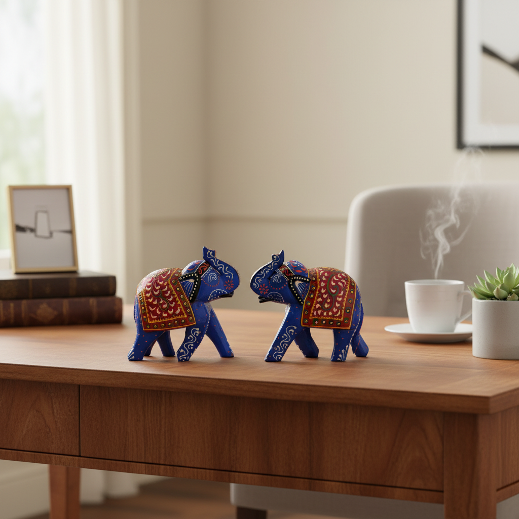 Blue Hand-Painted Elephant Figurines on Desk