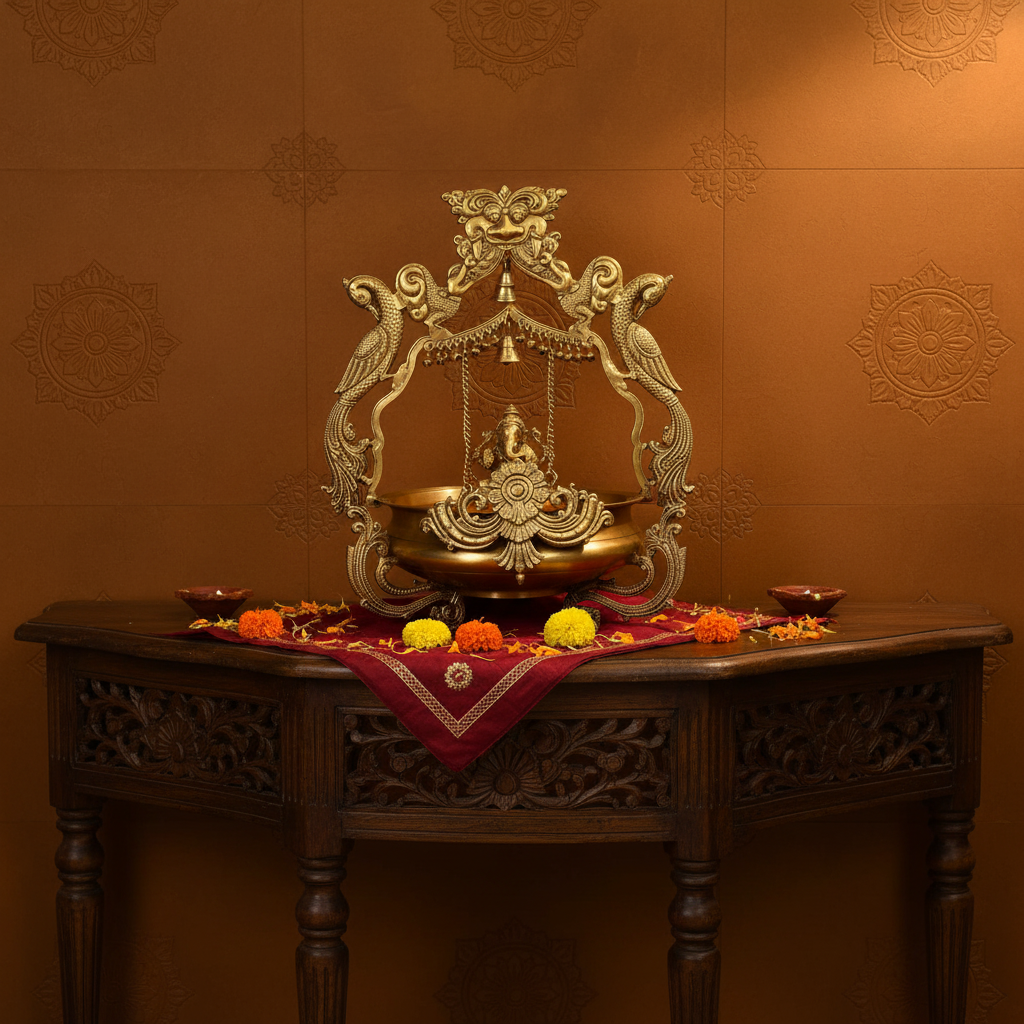 Brass Ganesha Swing Urli - Home Decor Setting