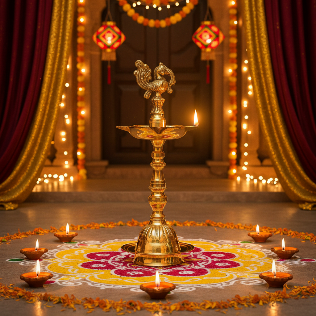 Brass Kerala Peacock Diya – Diwali Home Decor Background
