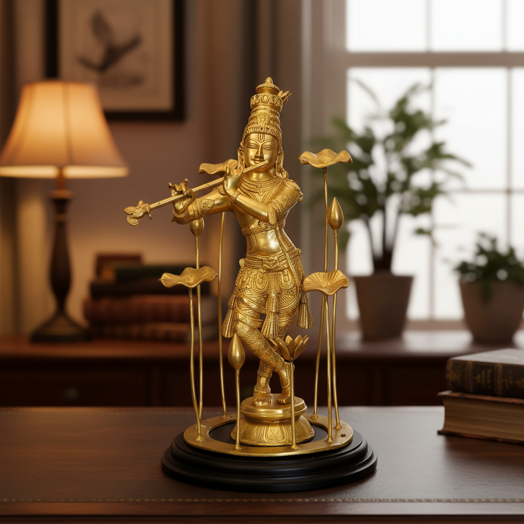 Brass Krishna with Flute – Desk Decor Background