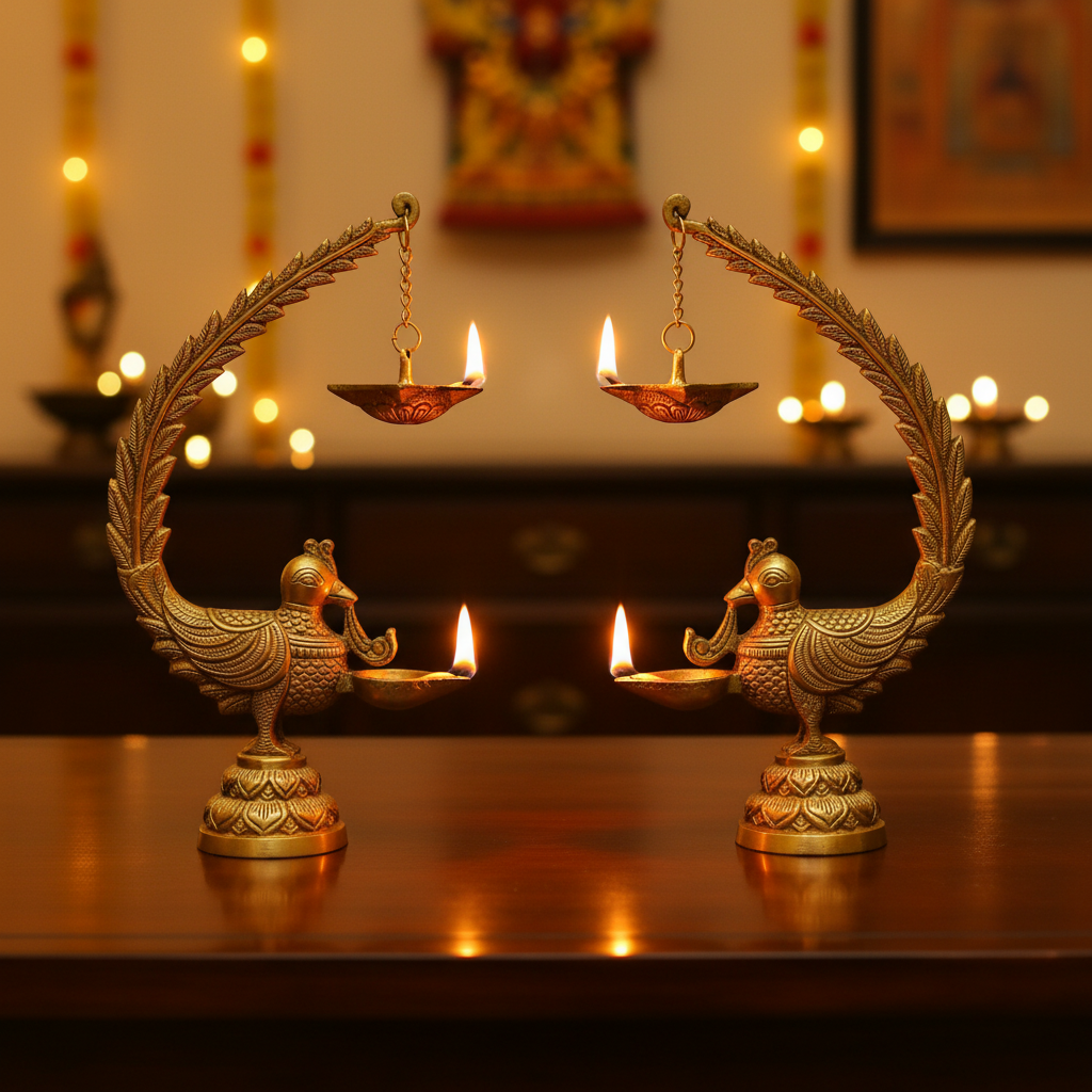 Traditional Brass Hanging Peacock Diya Pair BR-298-A (Set of 2)