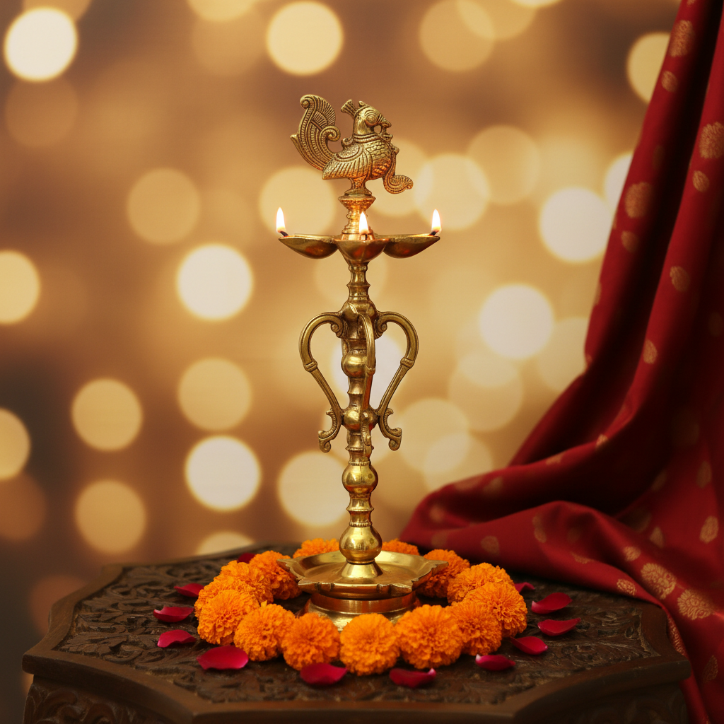Brass Peacock Diya Lamp – Home Decor Background