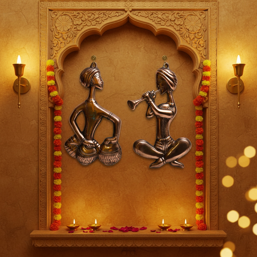 Copper Tribal Musicians – Rajasthani Haveli Wall Hanging Decor
