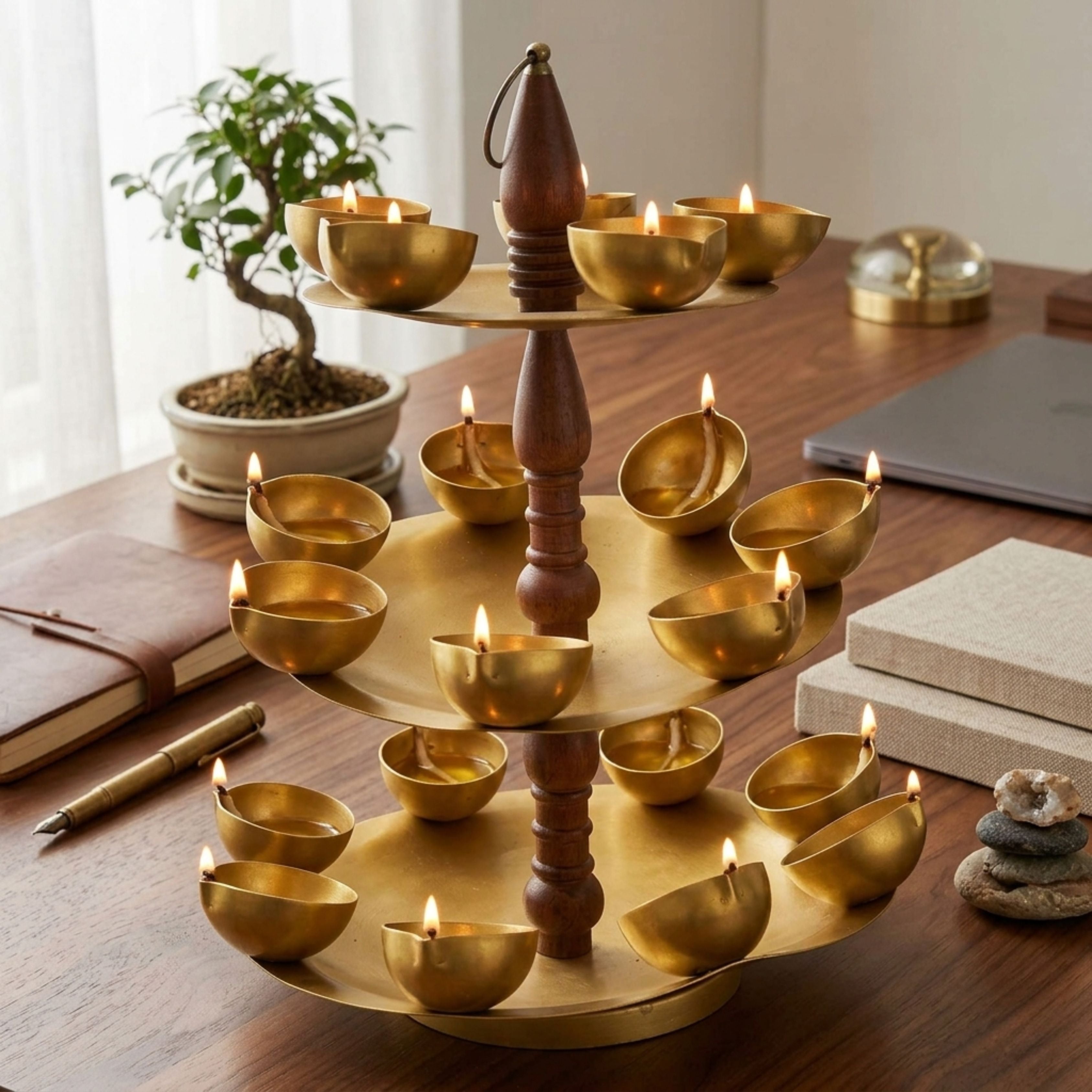 Three Tier Golden Diya Stand W-108-A