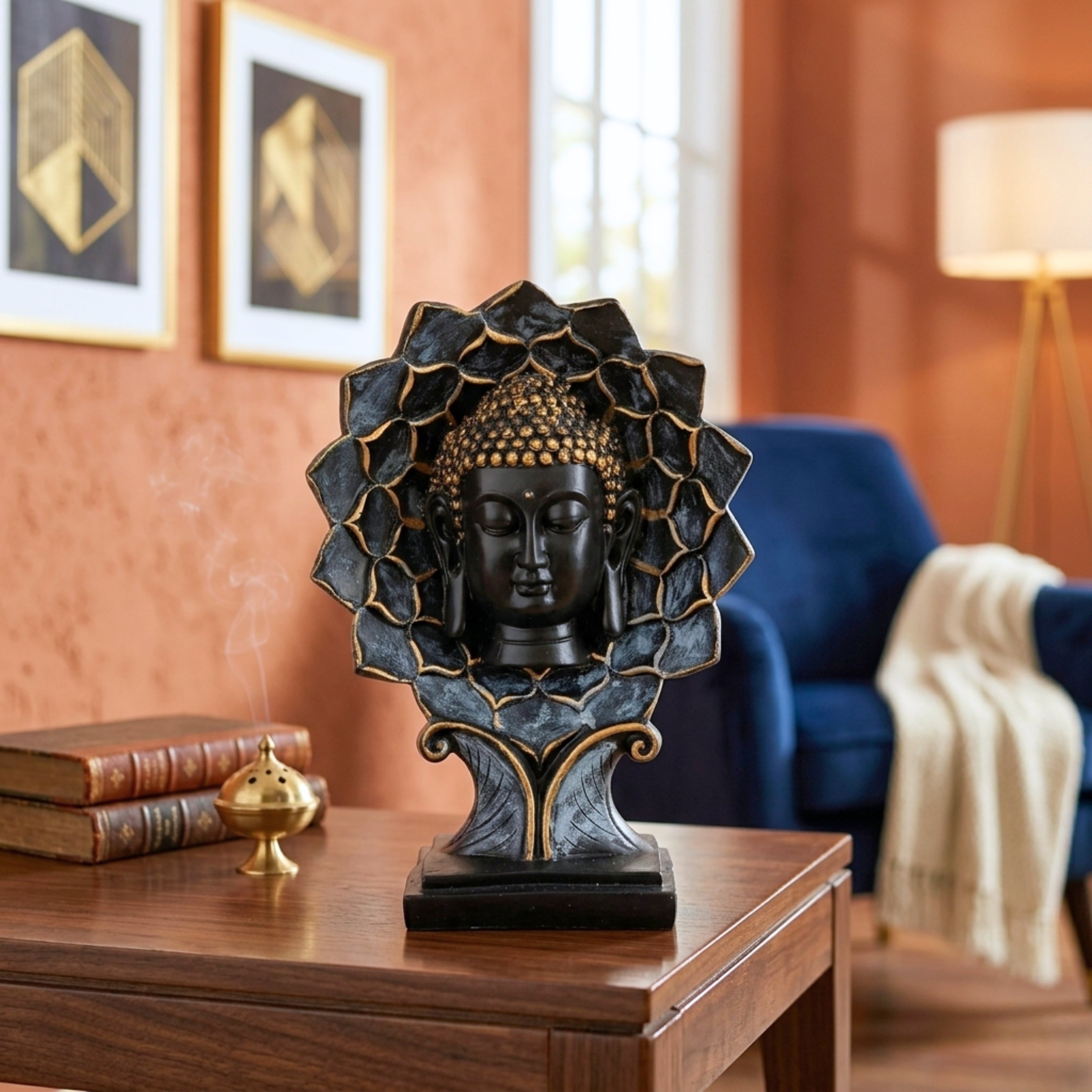 Black & Gold Buddha Face Statue with Lotus Frame F-26-A-B