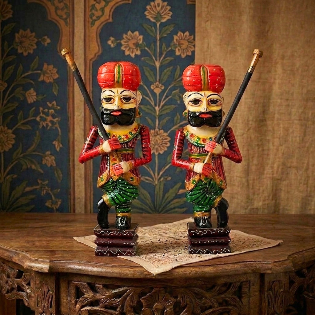 Handcrafted Wooden Rajasthani Warrior Figurines - Set of 2 WD-193-A