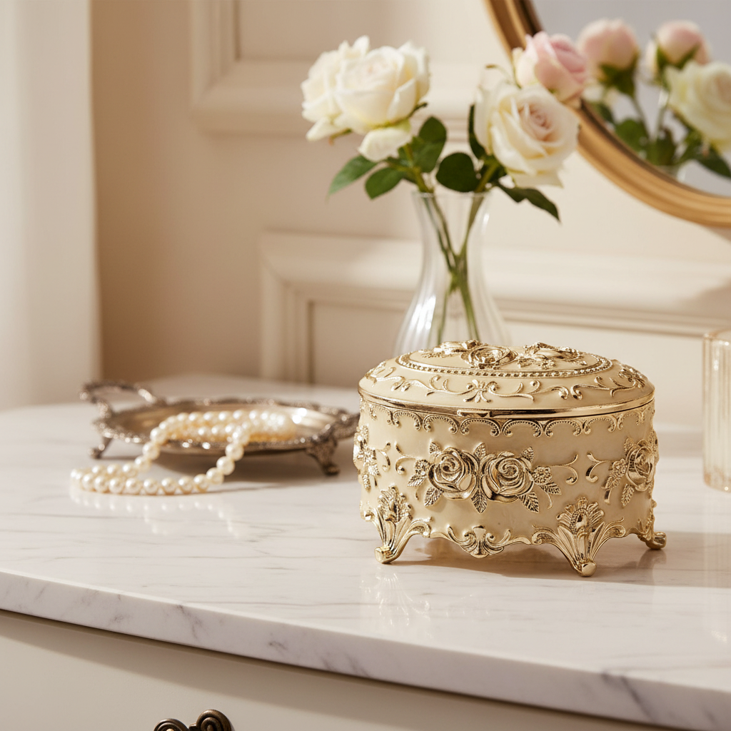 Gold Ornate Jewelry Box on Desk