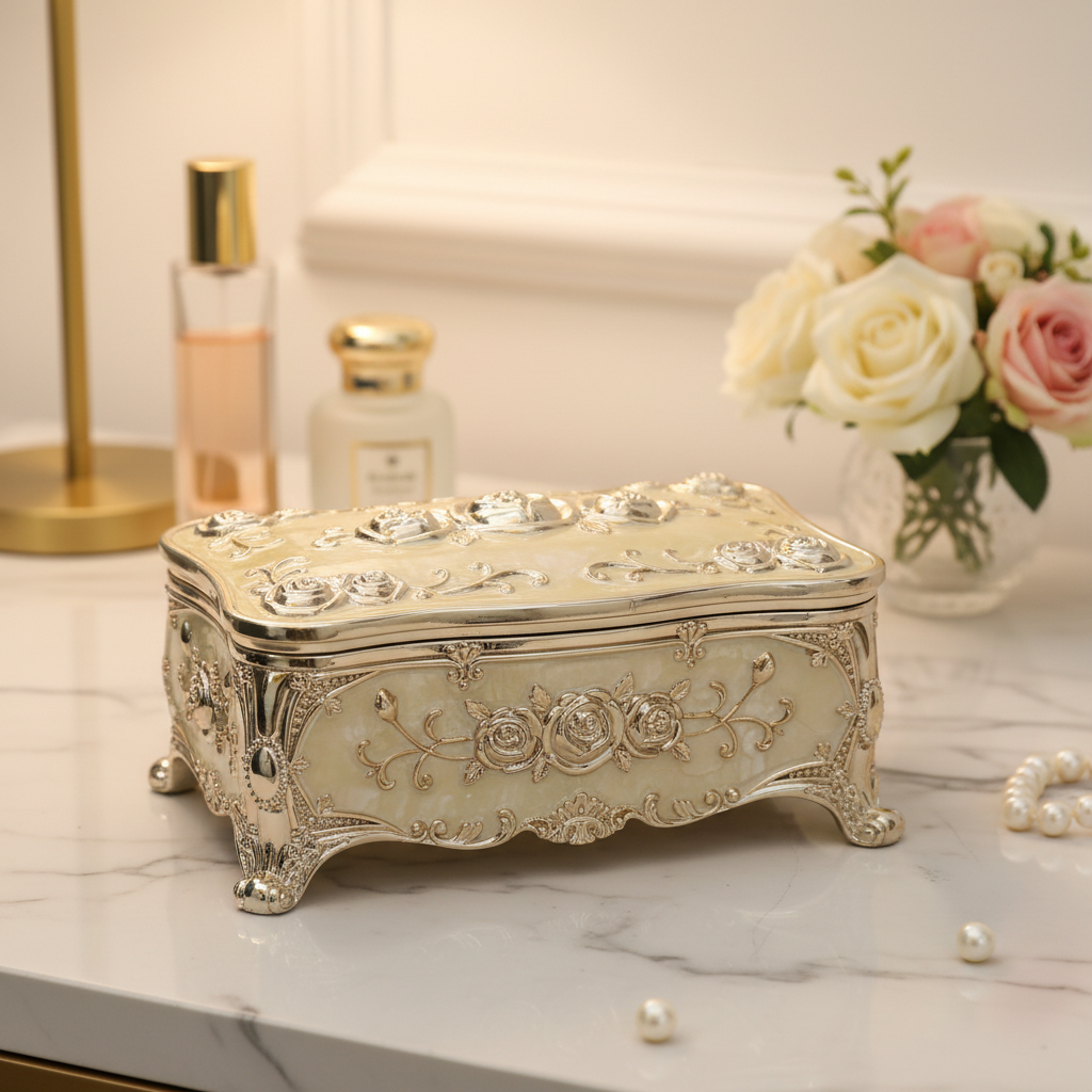 Gold Rectangular Jewelry Box on Desk