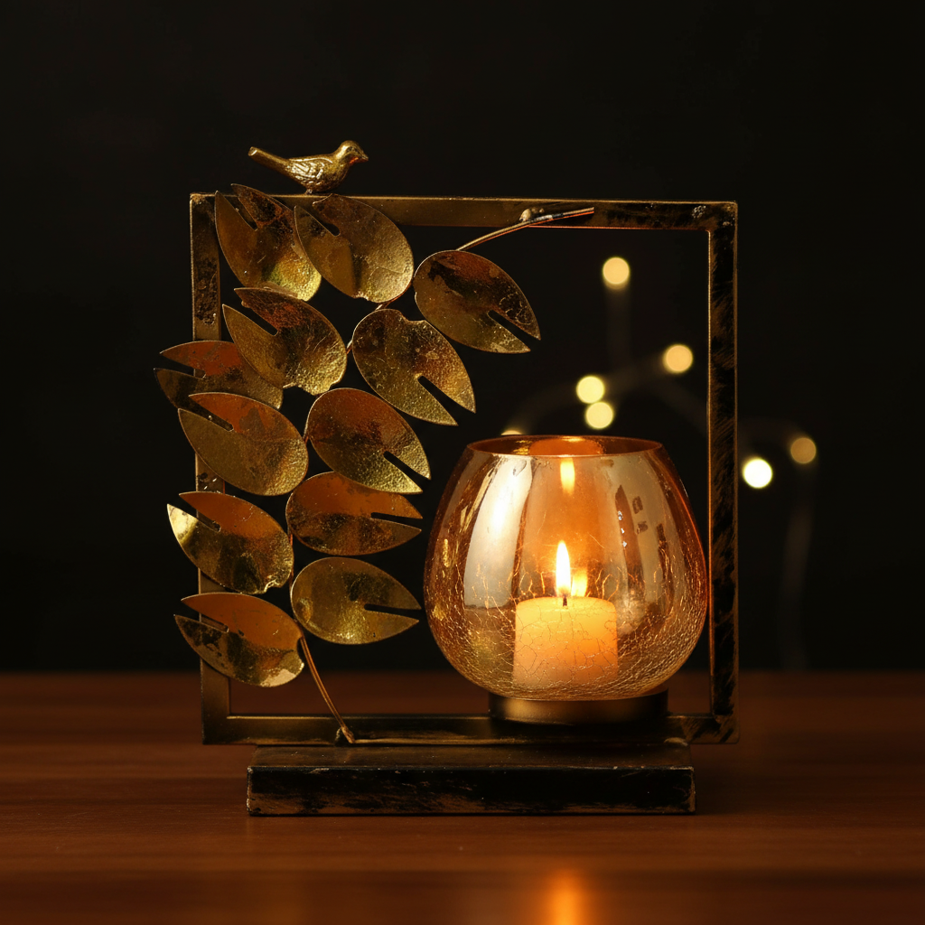 Golden Bird & Leaf Candle Holder – Candlelit Lifestyle