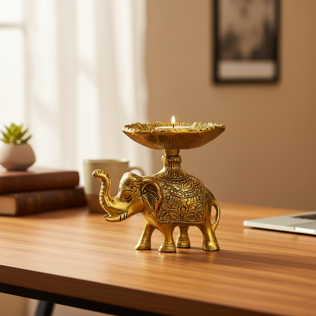 Golden Brass Elephant Candle Holder - Desk Decor