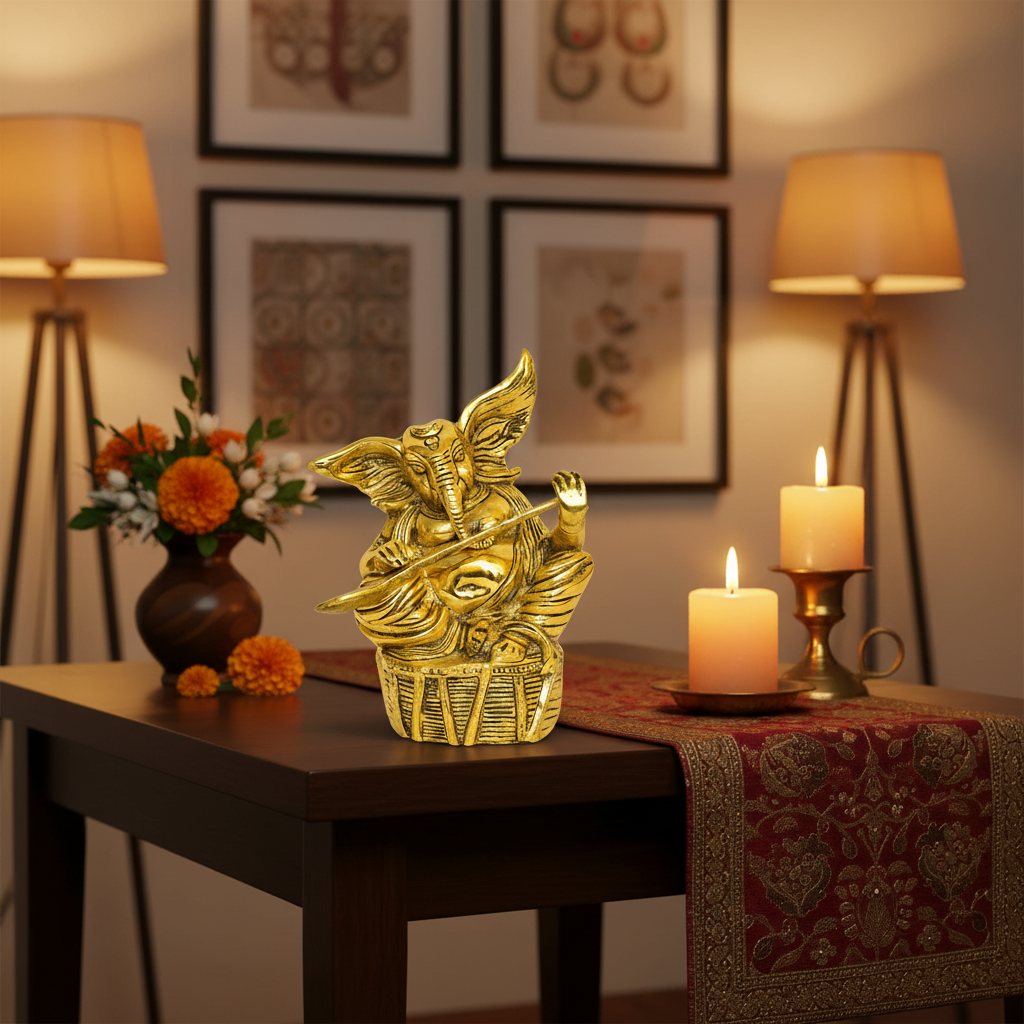 Golden Brass Ganesha Playing Veena - Home Decor