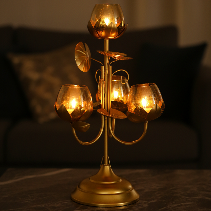 Golden Lotus 4-Arm Candelabra Tealight Holder – Candlelit Lifestyle
