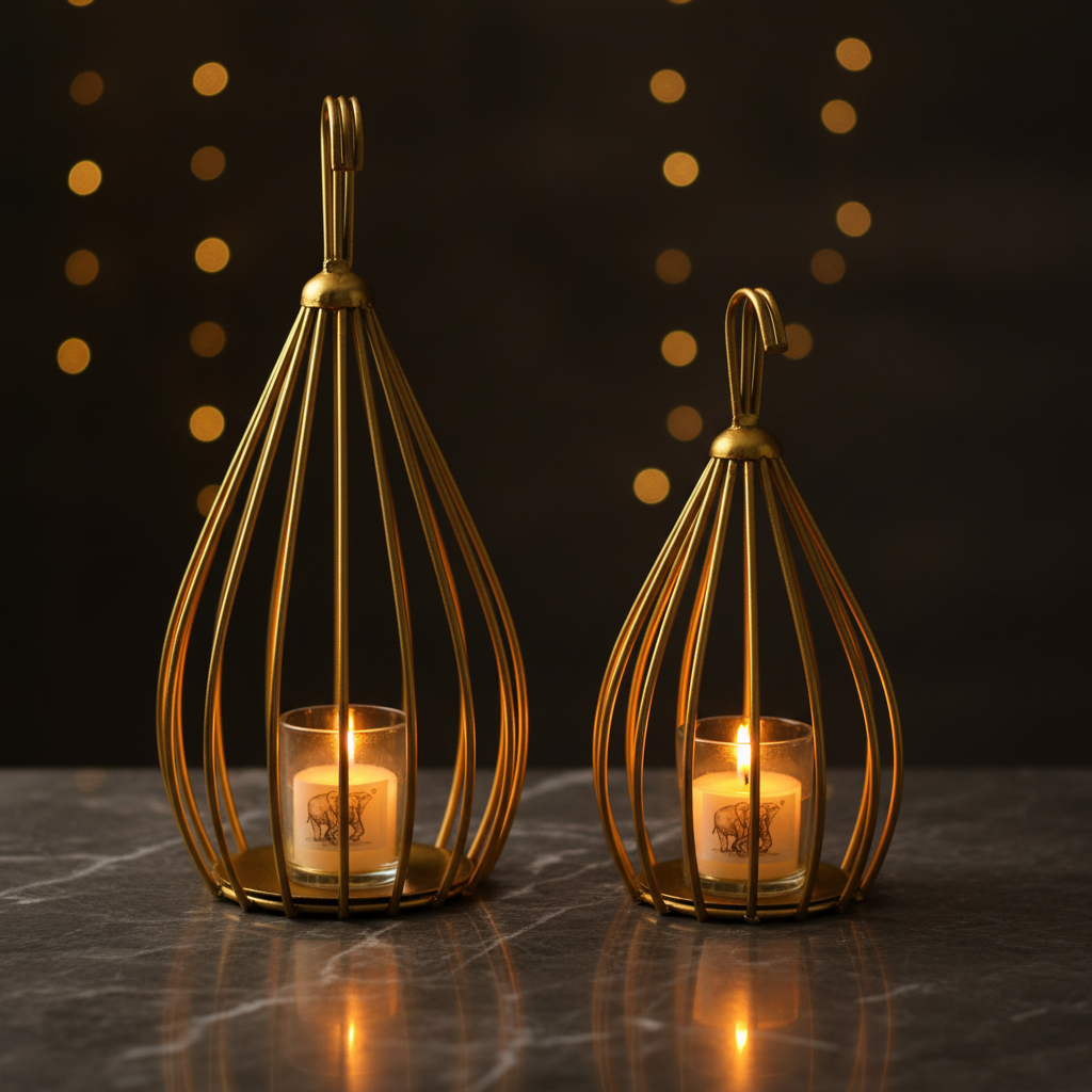 Golden Wire Cage Lantern Set – Candlelit Lifestyle