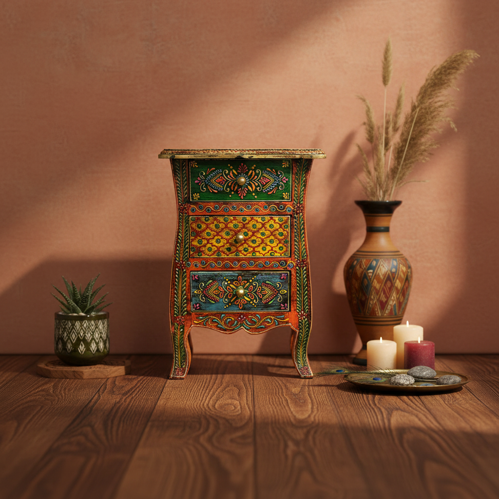 Hand-Painted Indian Wooden Chest - Home Decor Vignette