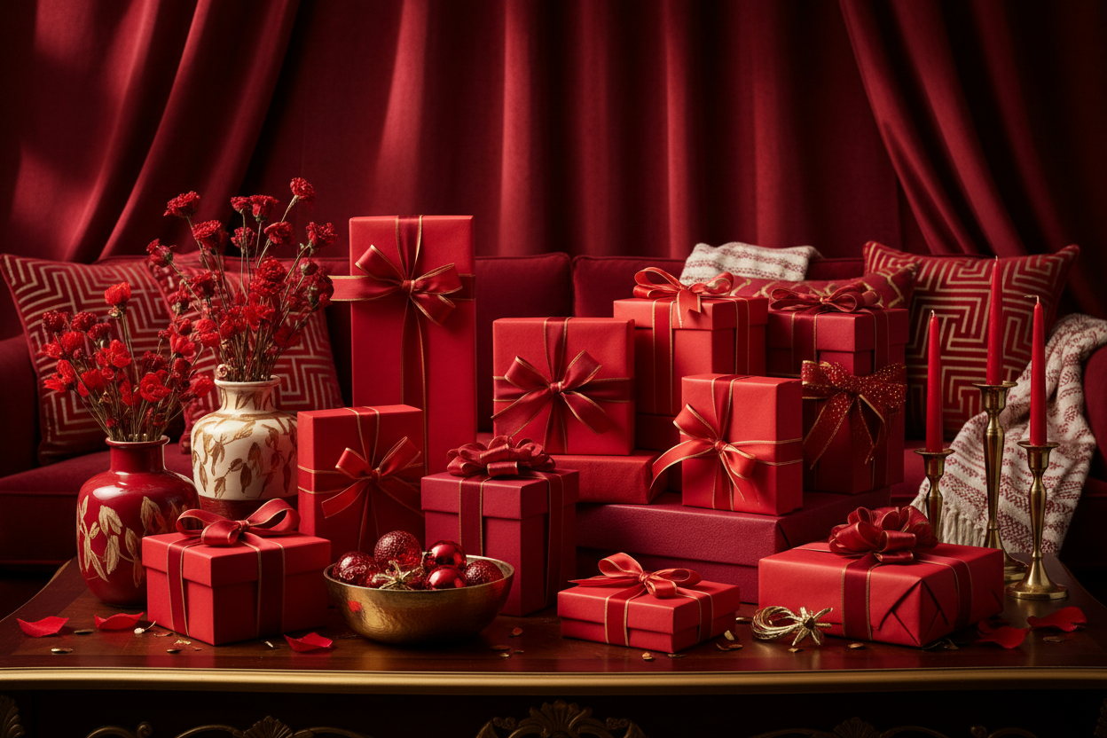ibrant red colour gift boxes and home decor