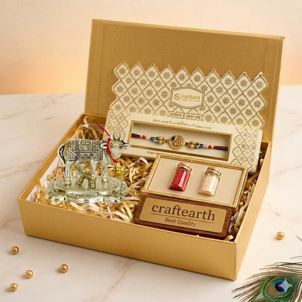 Craftearth Premium Rakhi Gift Combo | Designer "Shree" Rakhi with Silver-Plated Kamdhenu Cow & Roli-Chawal Set RC-17