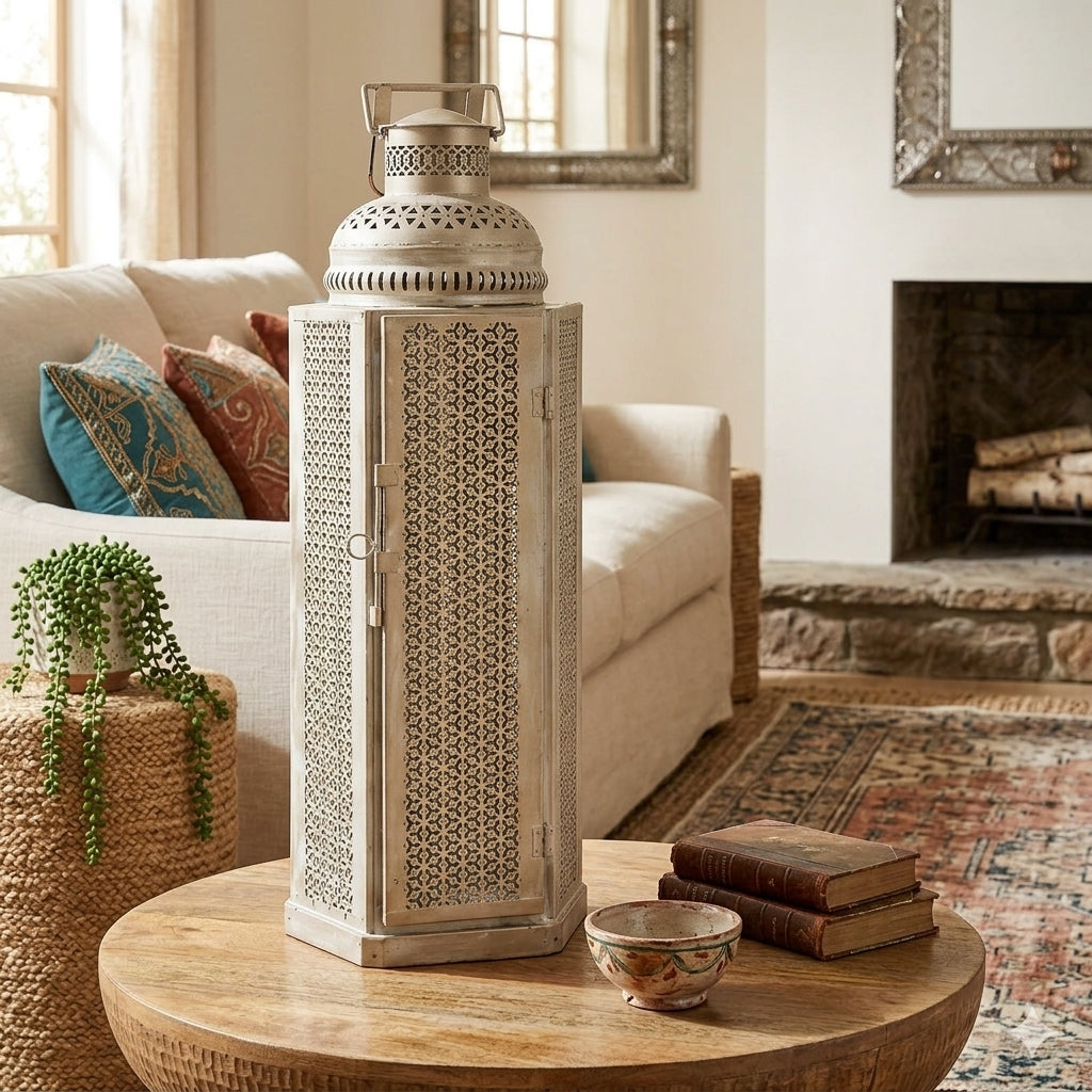 Oversized Exotic Cutout Metal Lantern – Distressed White Moroccan Tower Candle Holder with Hinged Door I-81-A