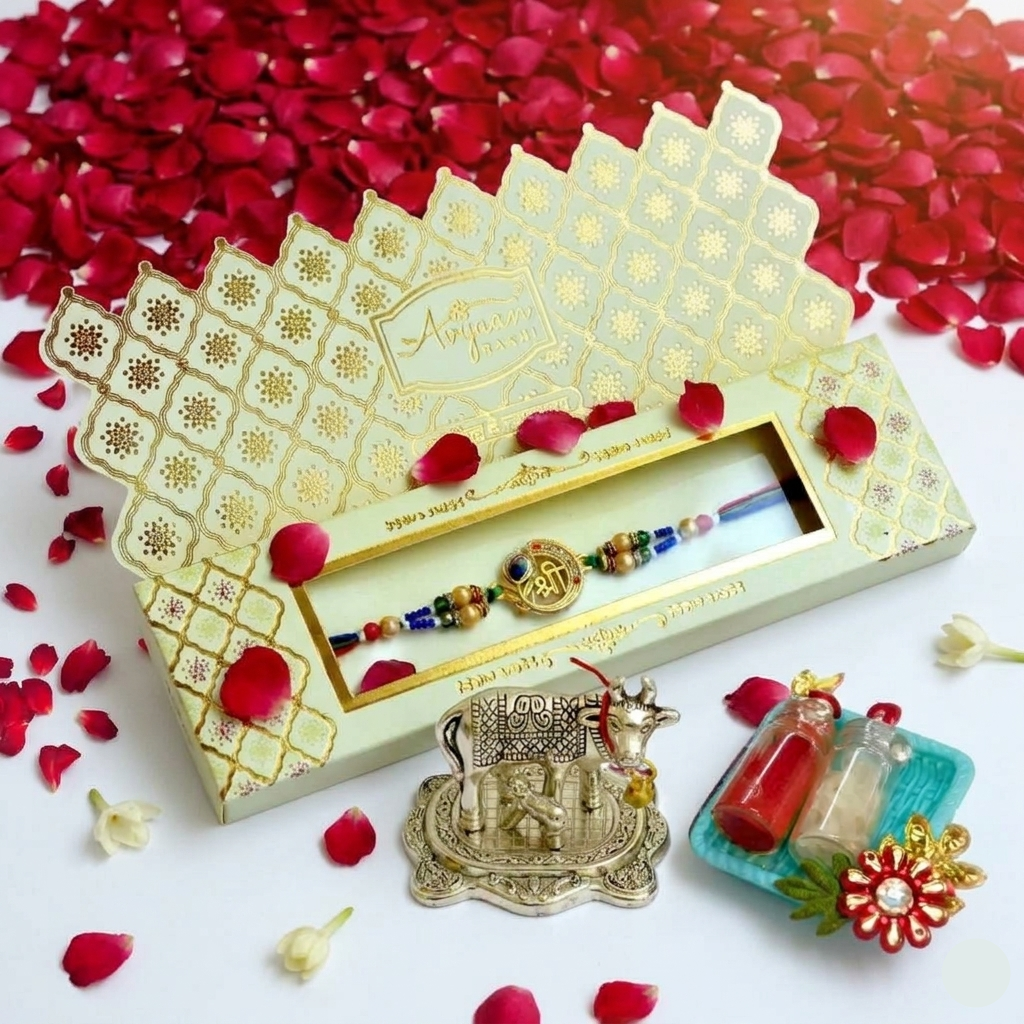 Craftearth Premium Rakhi Gift Combo | Designer "Shree" Rakhi with Silver-Plated Kamdhenu Cow & Roli-Chawal Set RC-17