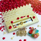 Craftearth Premium Rakhi Gift Combo | Designer "Shree" Rakhi with Silver-Plated Kamdhenu Cow & Roli-Chawal Set RC-17
