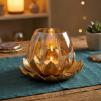 Amber Glass Golden Lotus Tealight Candle Holder I-166-A