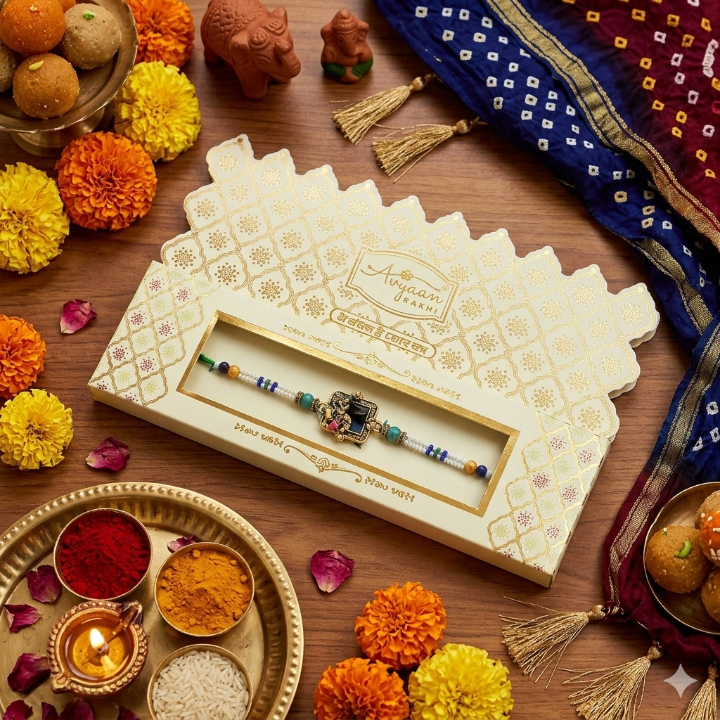 Handcrafted Krishna Rakhi – RK-218 | Divine Beaded Rakhi for Brother
