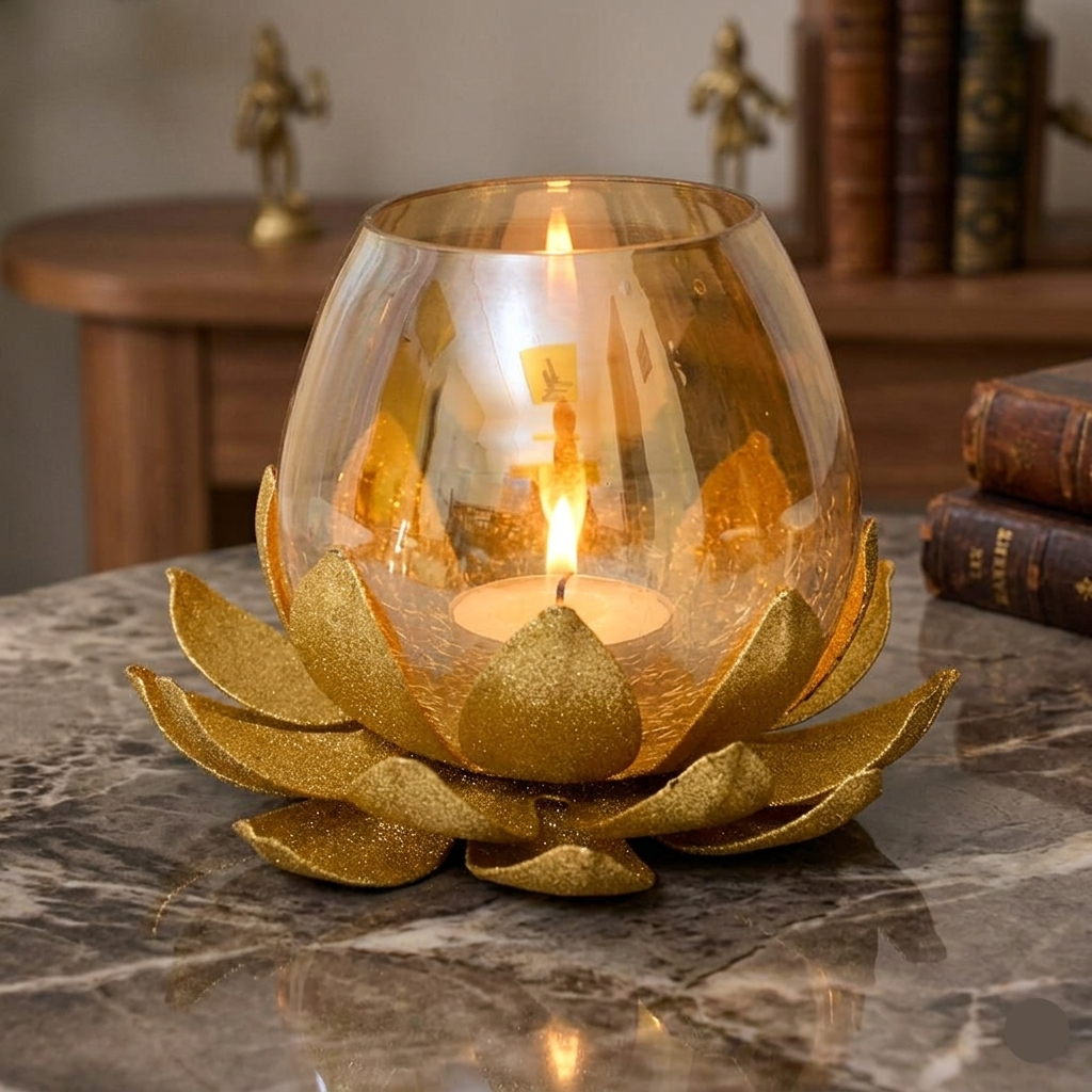 Amber Glass Lotus Tealight Candle Holder I-165-A