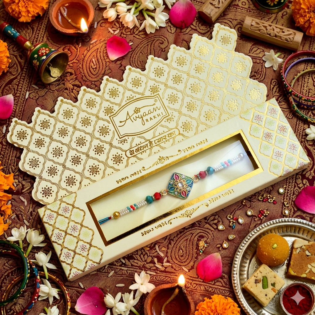 Elegant Square Meenakari Rakhi – RK-220 | Colorful Beaded Rakhi