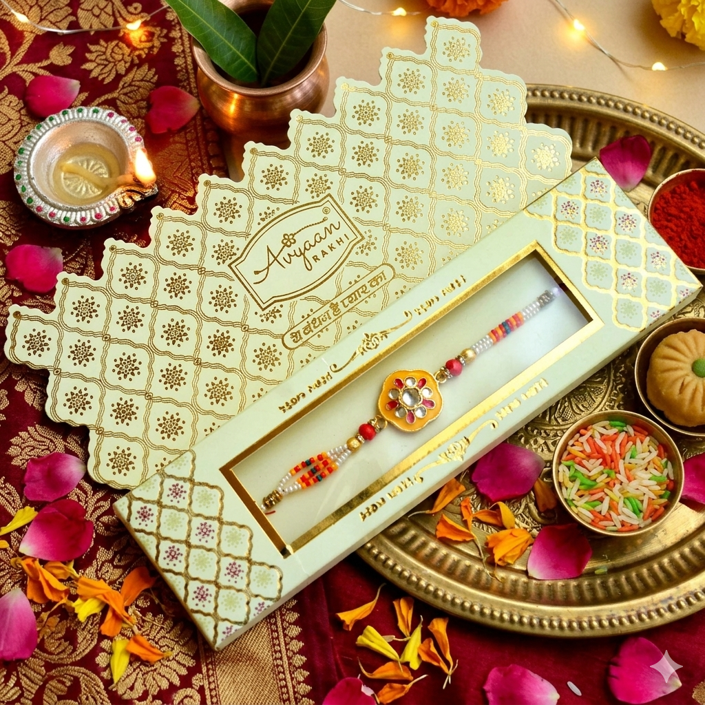 Vibrant Kundan Floral Rakhi – RK-217 | Traditional Rakhi with Beads & Multicolor Threads